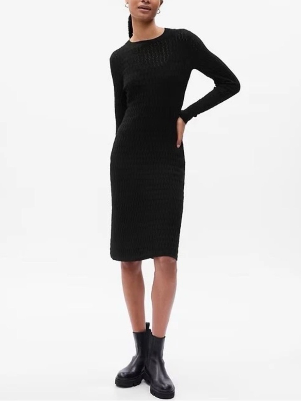 GAP | Black Textured Knit Long-Sleeve Crewneck Bodycon Sweater Dress Sz Medium